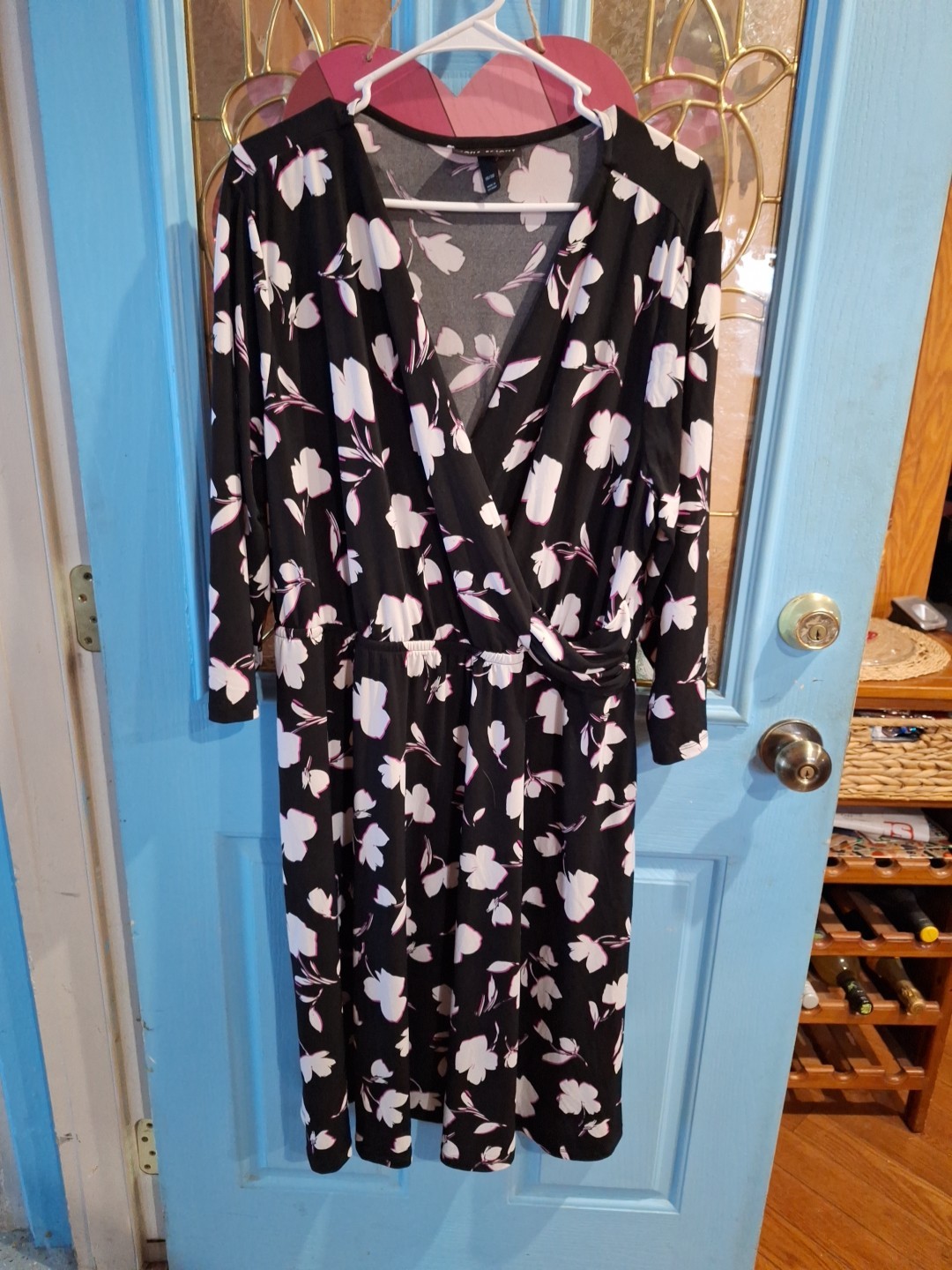 LANE BRYANT Black Plus Floral V Neck Elastic Waist DRESS Size 18/20 Poly/Spandex