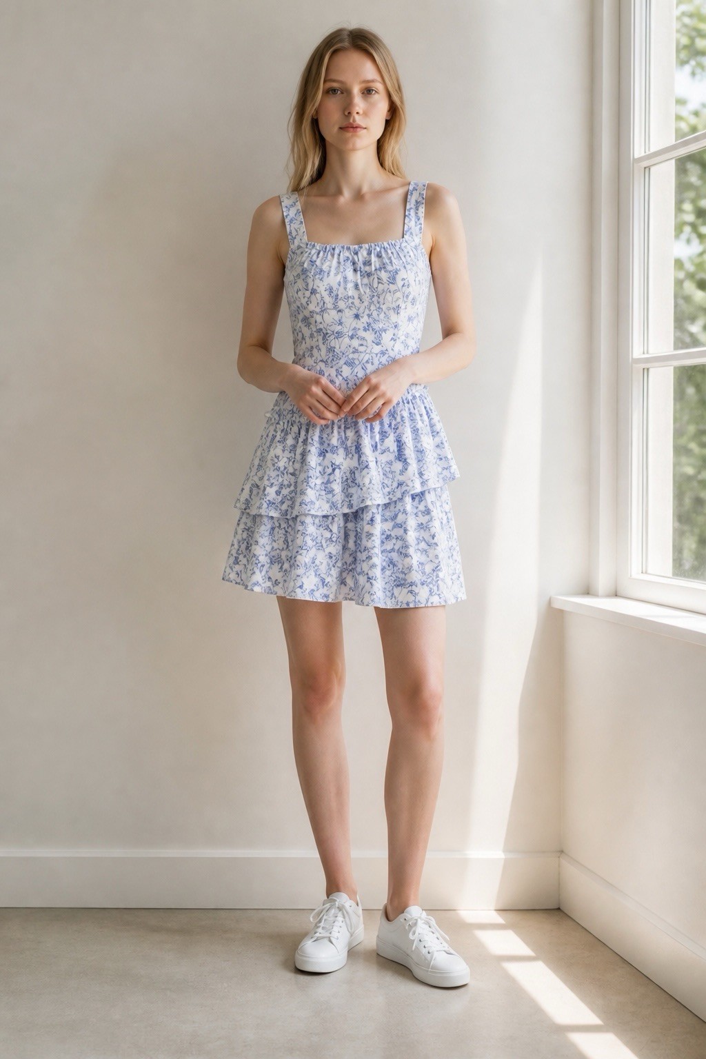 Blue & White Toile Floral Tiered Mini Dress – Ruffle Asymmetric Skirt