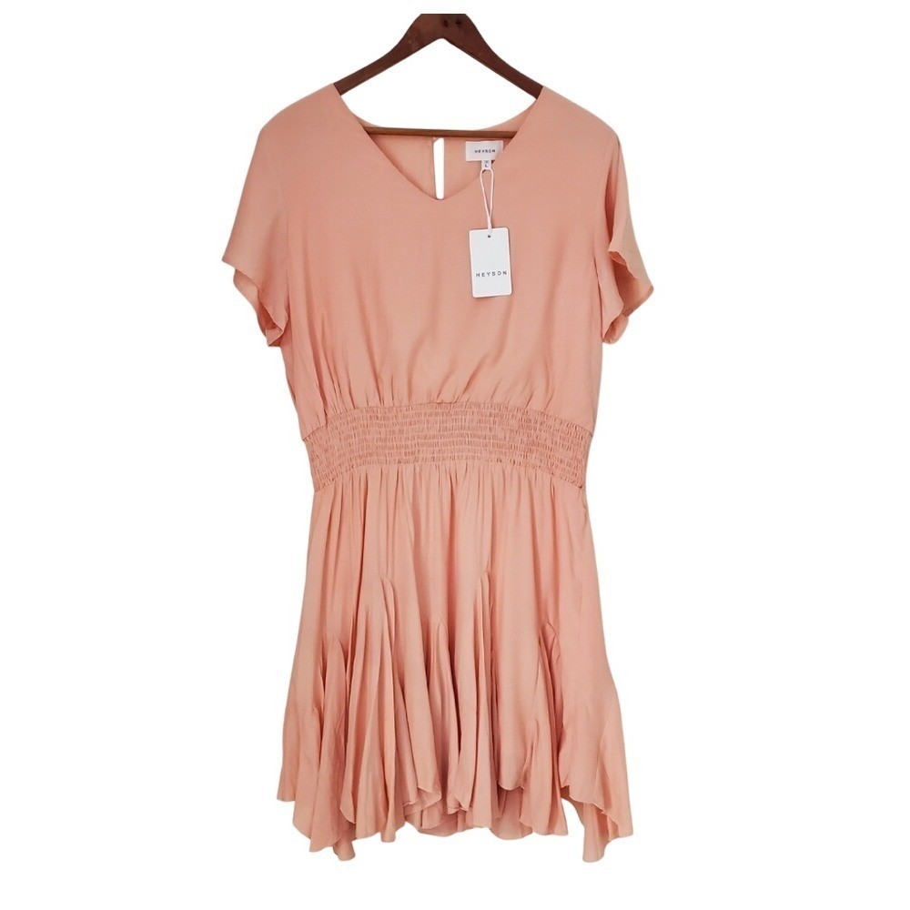 New Smocked Waist Godet Pleat Mini Dress Large Peach Spring Feminine Lightweight