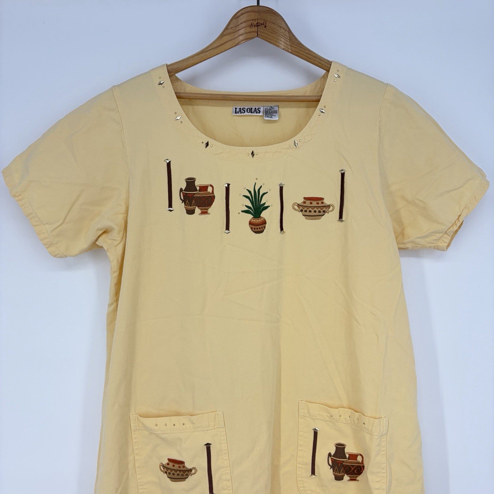 VTG Las Olas Maxi Dress L Cotton Embroidered Yellow 90’s Shirt Tassels Western