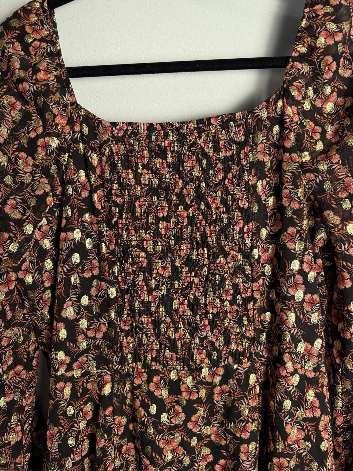 LOFT Dress Shimmer Dot Square Neck Midi Black Gold Pink Slit Sheer Size 12 NWT