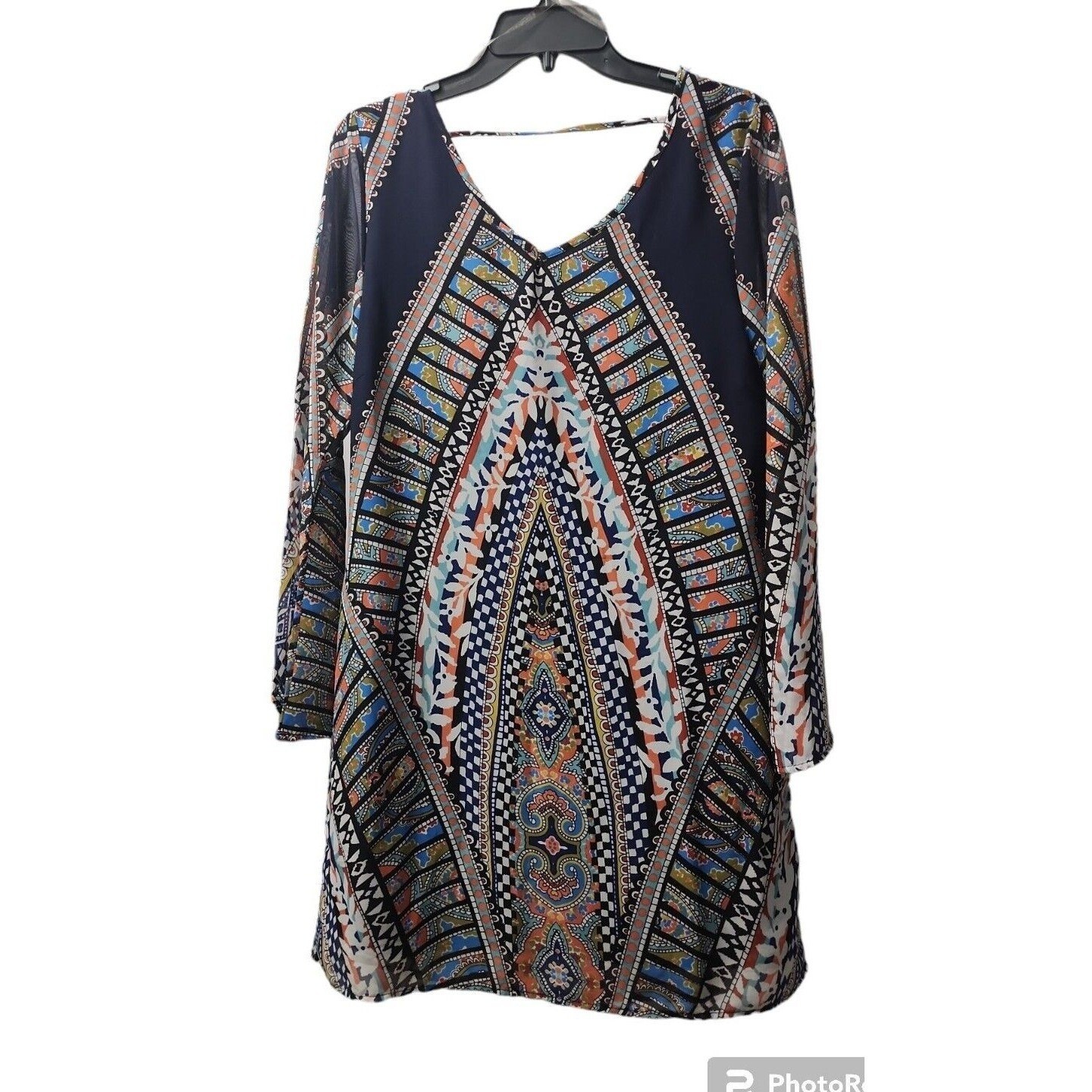 Pink Owl Bohemian Print Dress V Neck Long Sleeve Casual Mini Dress L