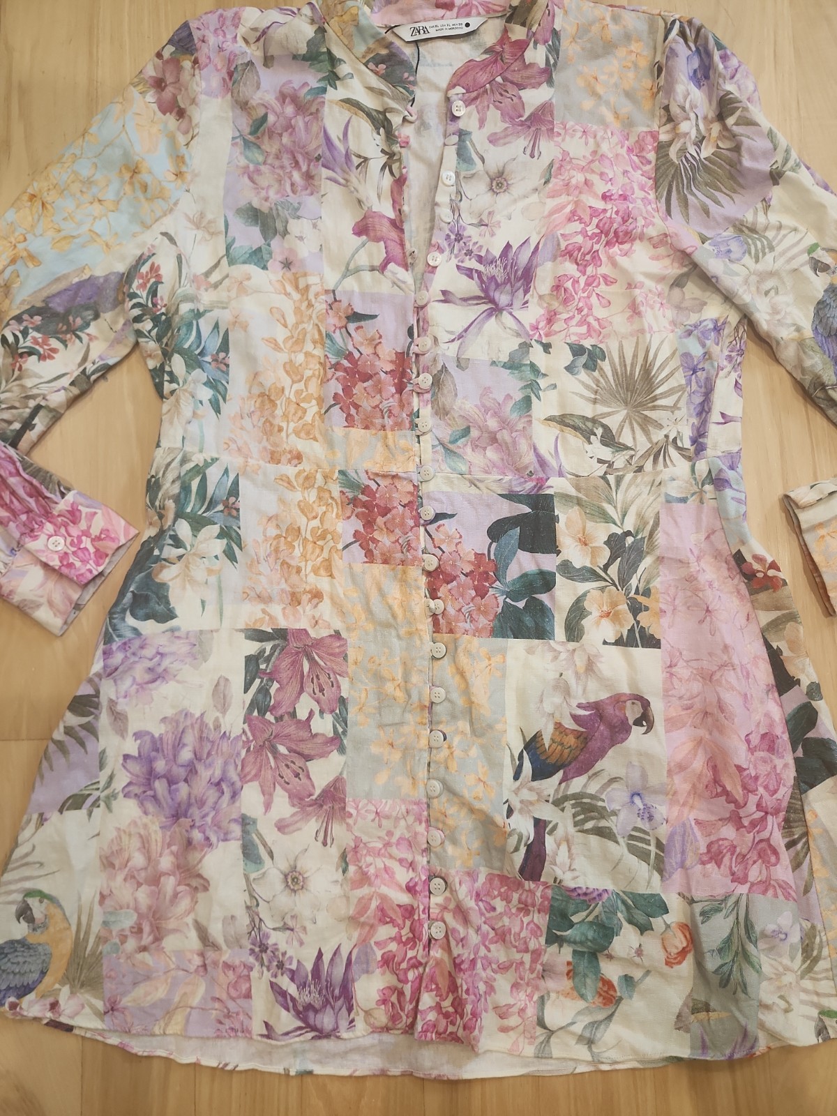 Zara Floral Pastel Patchwork Linen Stand Collar Dress XL Zimmermann Inspired