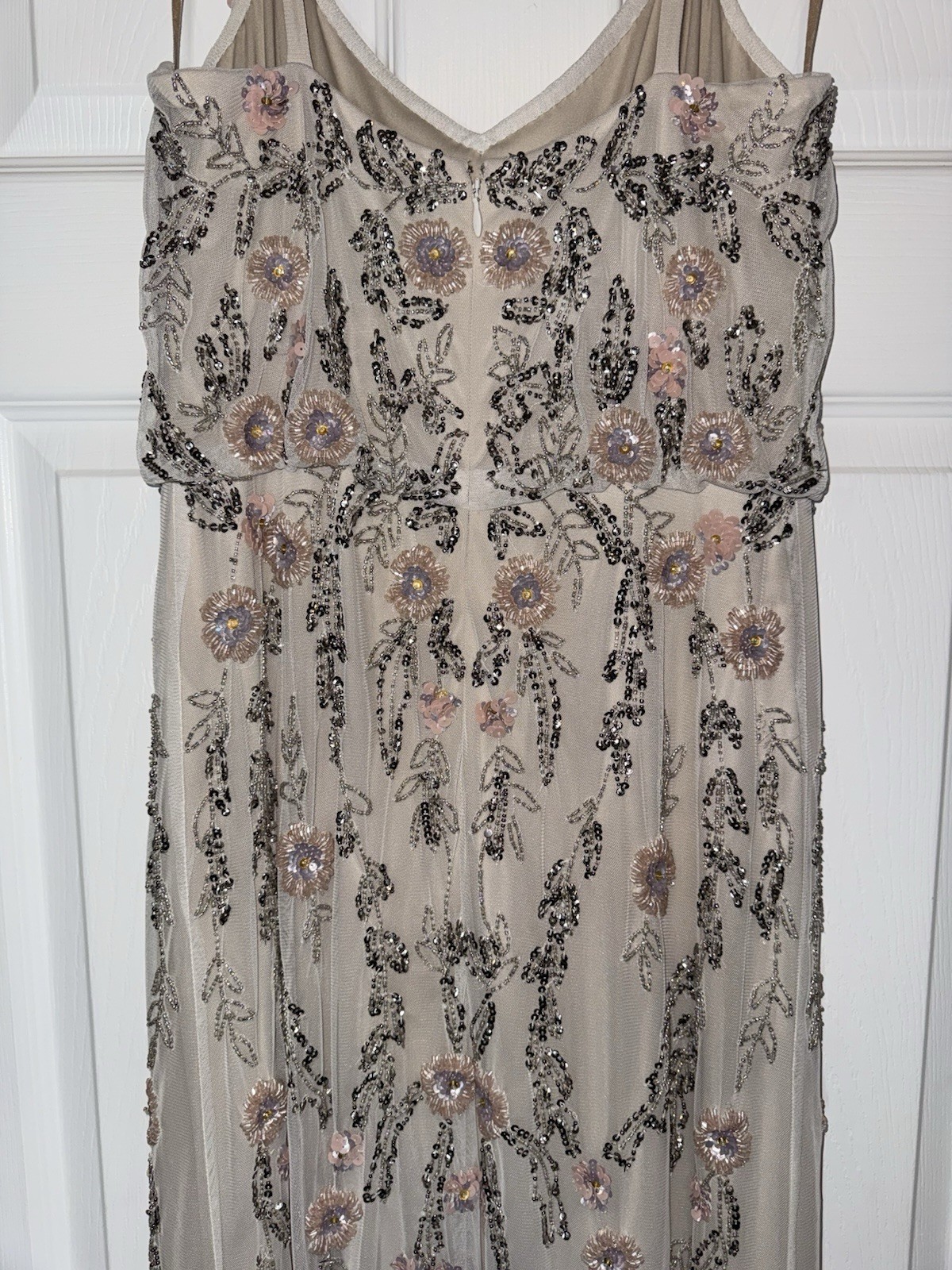 ADRIANNA PAPELL Ivory Pink Silver Embellished Beaded Floral Mesh Blouson Gown 6
