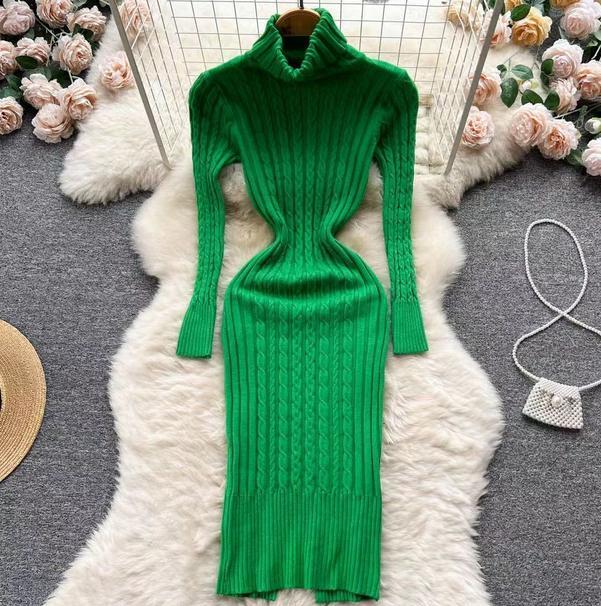 Women Autumn Winter Slim High Neck Long Sleeves Long Dress Knitted Sweater Dress