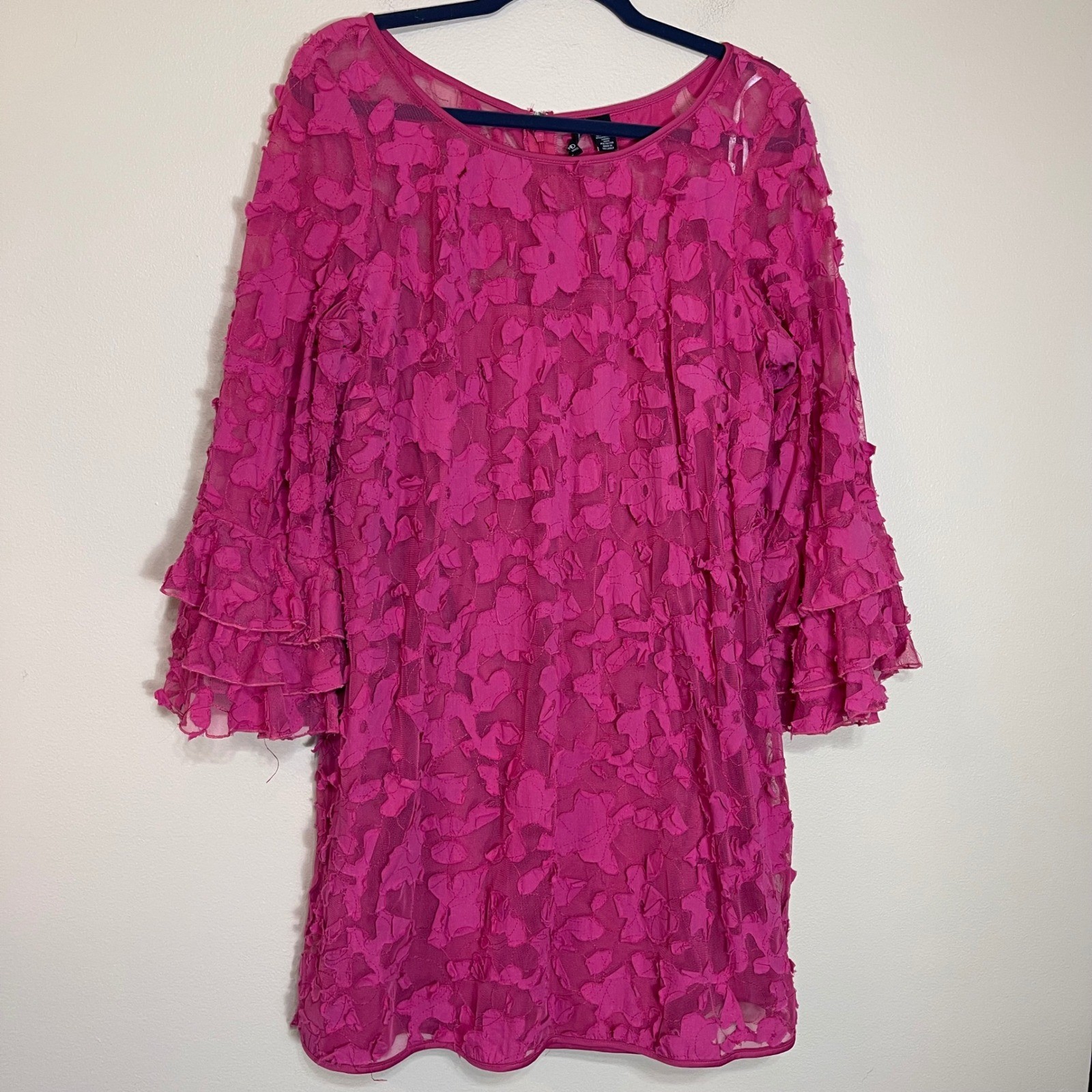 New Directions Womens 18 Fuchsia Pink Floral Applique Ruffle Bell Sleeve Dress