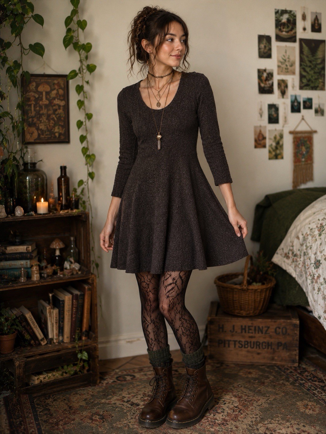 American Eagle Knit A-line Swing Dress Space Dye Heathered Goblincore Lagenlook