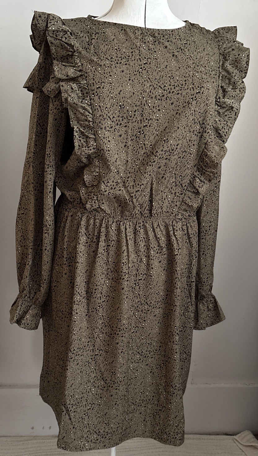 Betsy’s Boutique Shop Dress XL GrayishGreen Speckled Ruffled Prairie CottageBoho