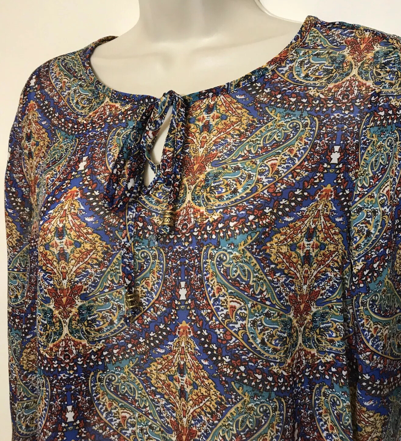 Bobeau Small Tunic Dress Blue & Green Long Sleeve Semi Sheer Lightweight