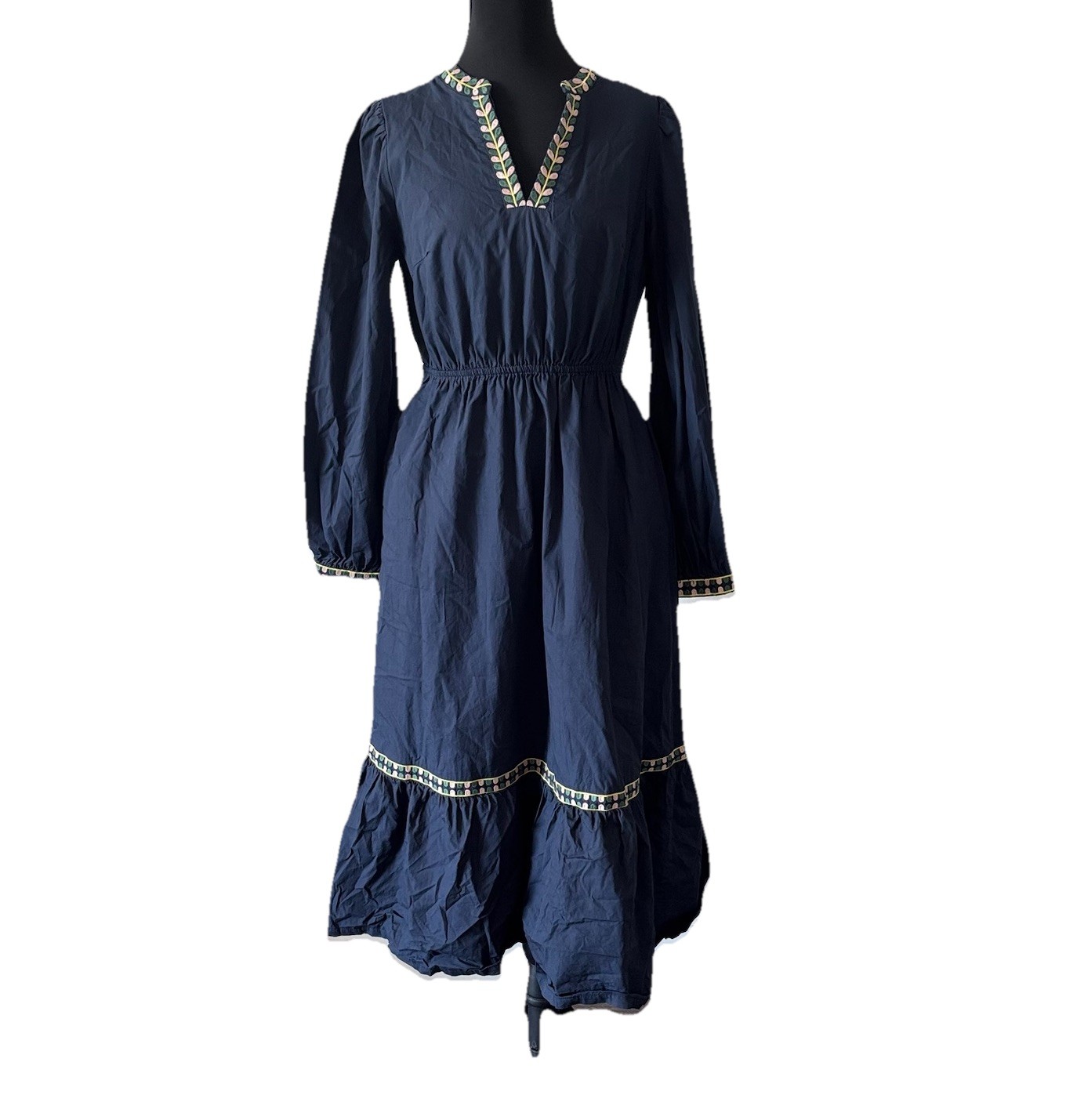 & Merci Peasant Midi Dress Small Blue Embroidered Cottage-core Boho NO BELT