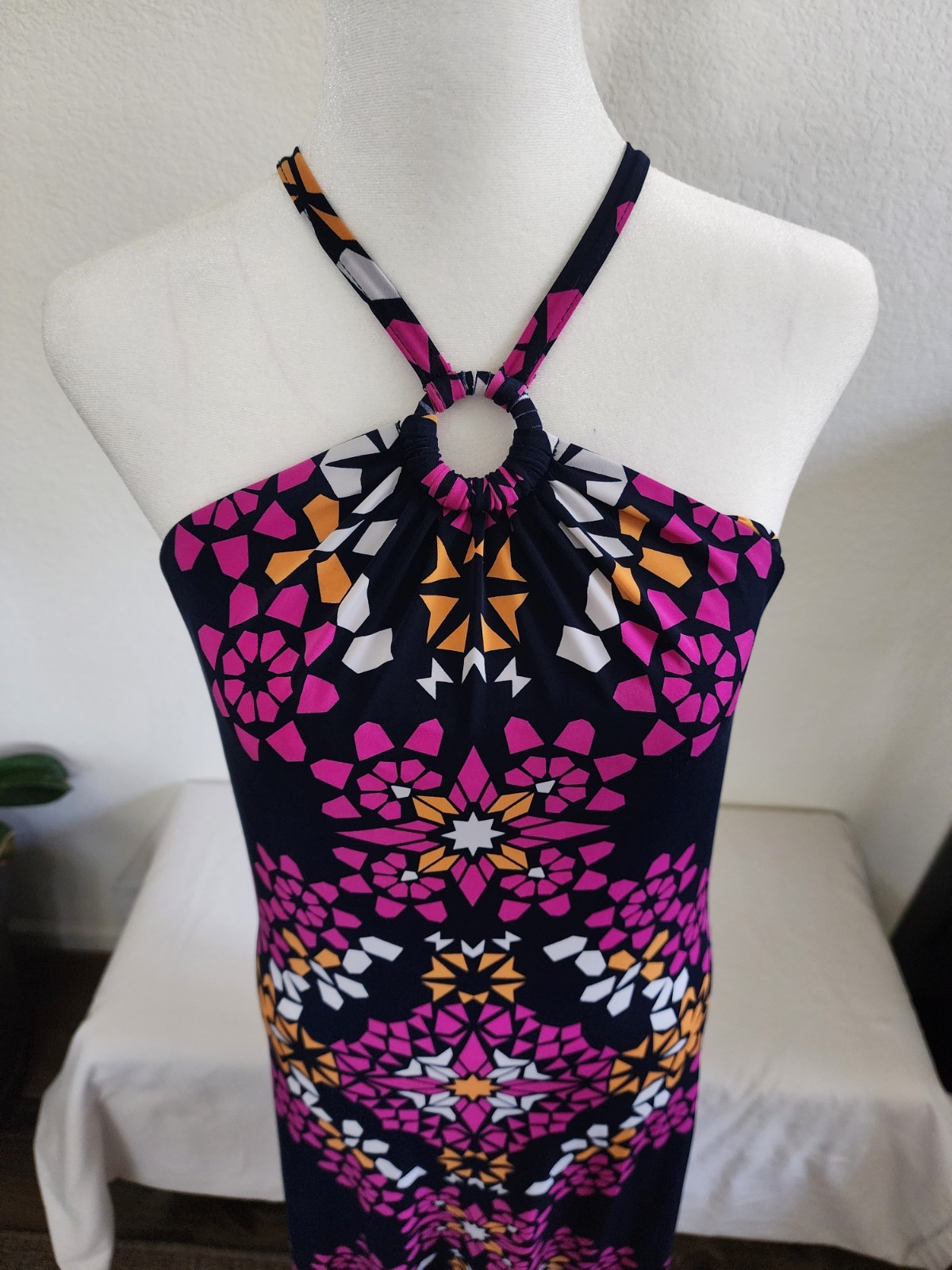 INC Geometric O-Ring Halter High Low Maxi Dress Pink Navy Small