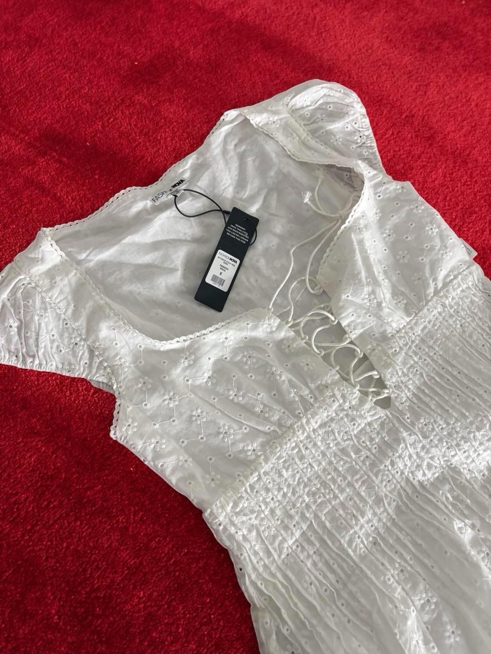 Fashion Nova White Eyelet Smocked Lace-Up Square Neck Mini Dress Size S