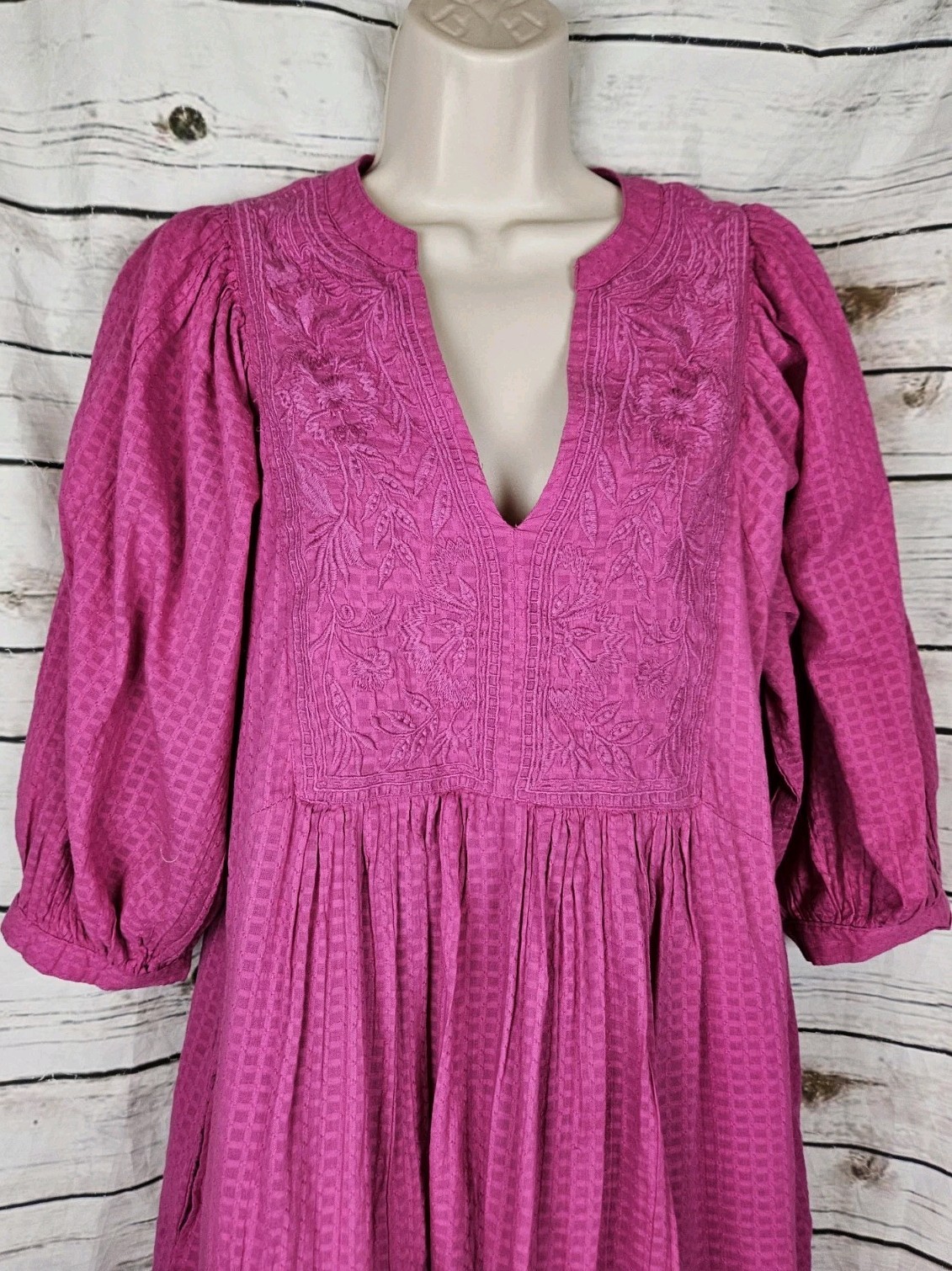 Sundance Pink Embroidered Peasant Dress M Cotton 3/4 Puff Sleeves Gingham