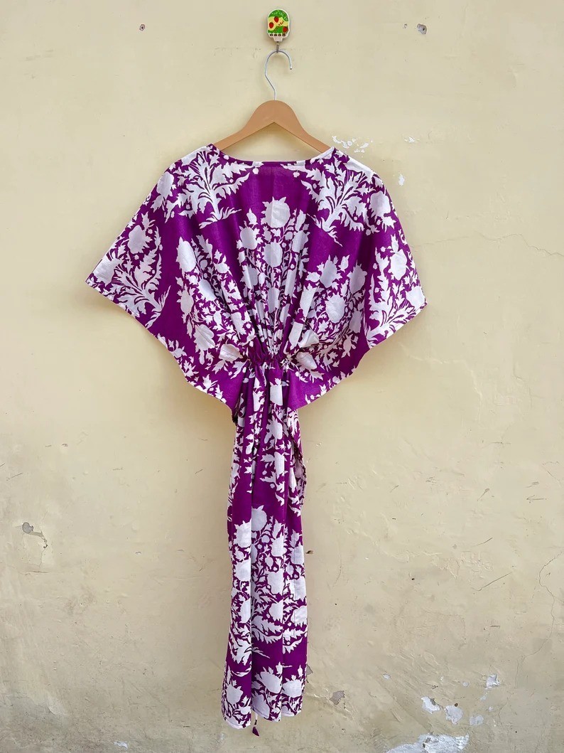 Indian Purple Floral Handmade Cotton Kaftan Maxi Dress Women’s Clothing Gown US