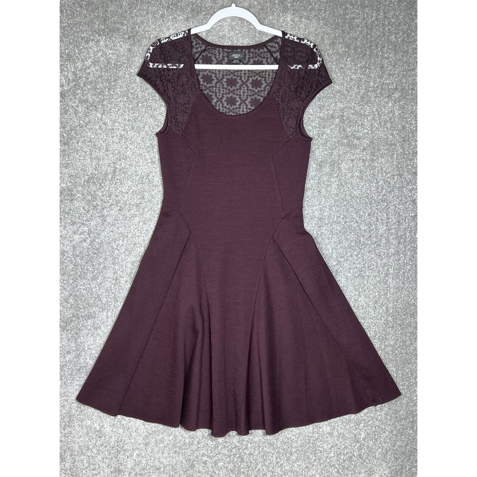 Deletta Anthropologie Plum Ponte Wool Blend Lace Pleated Dress Women Sz Medium