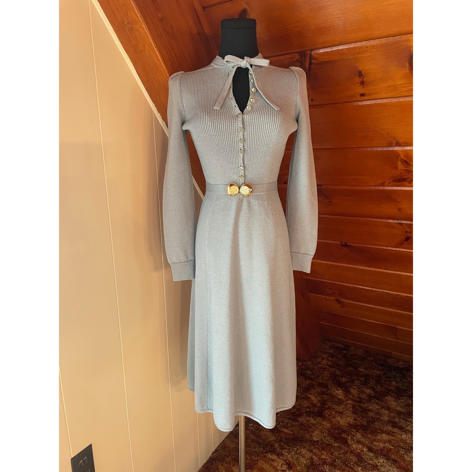 Rare Vintage 70s Light Blue St Johns by Marie Gray Knit Midi Sweater Dress sz XS