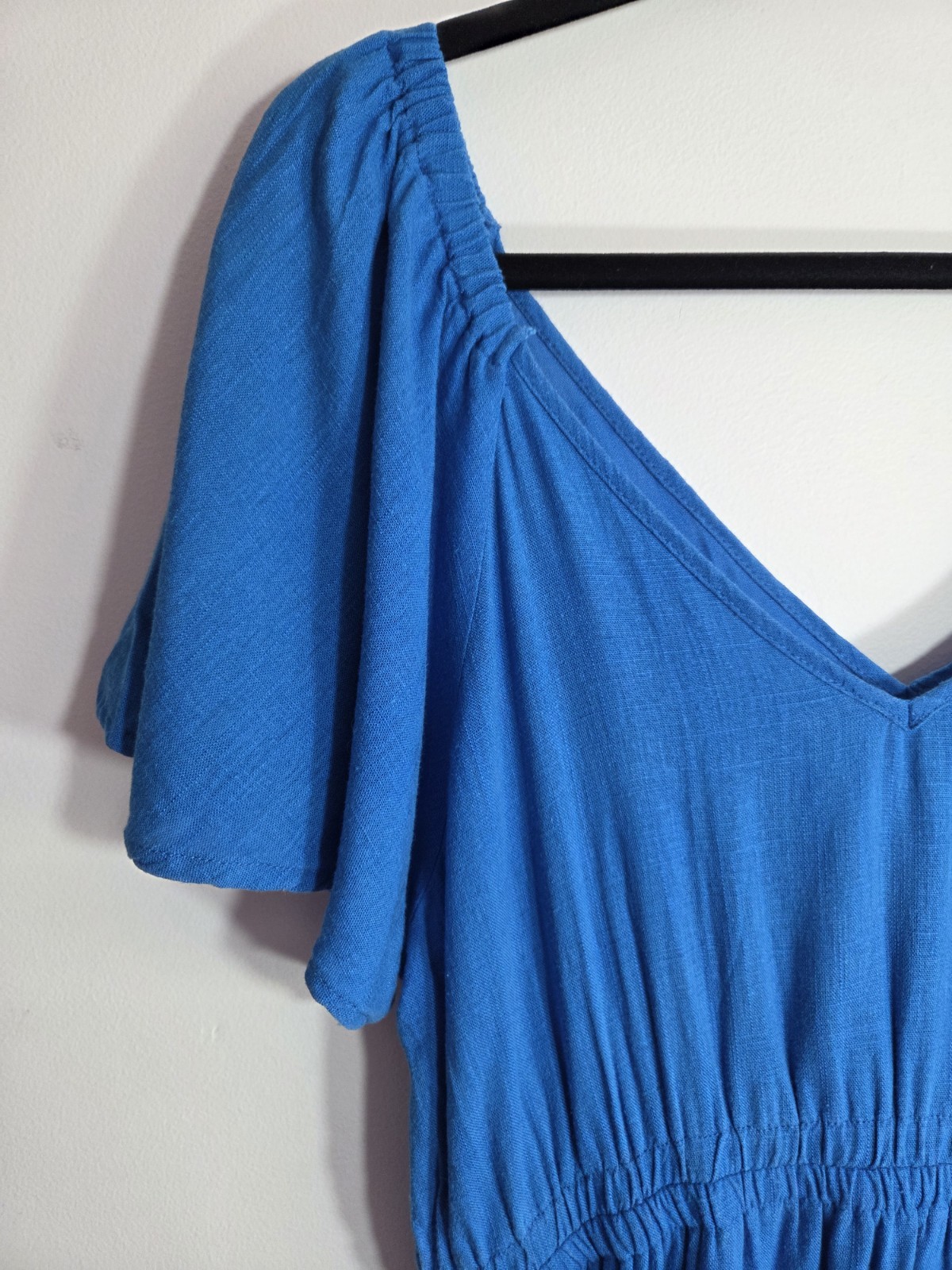 FRIA Size 12 Blue V-Neck Flutter Sleeve Elastic Waist Fit & Flare Short Dress