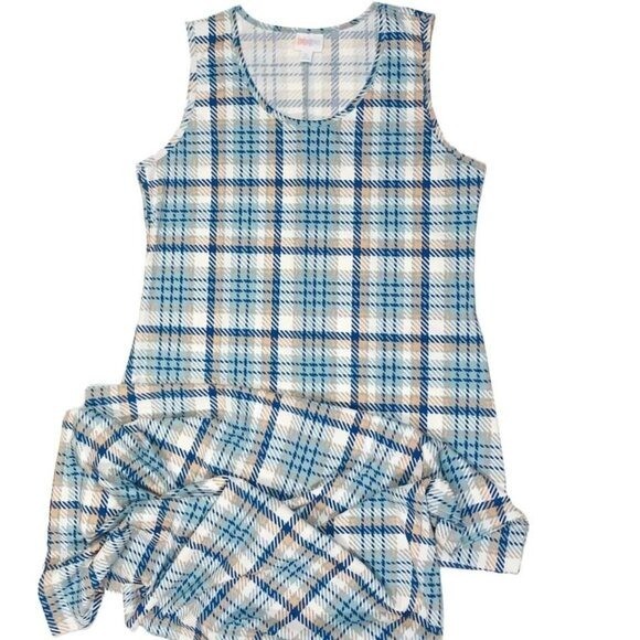NEW LuLaRoe Dani Dress L Plaid Blue White Tan Sleeveless Tank Beach Pool Maxi