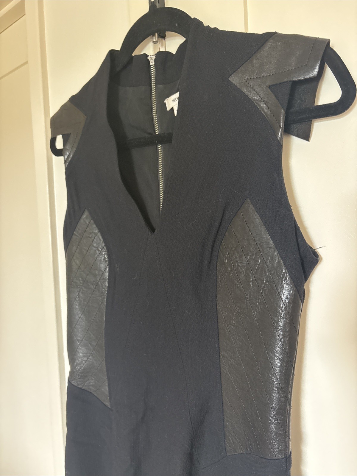 Helmut Lang Black Wool and Blistered Leather Panel Dress Size 6 Avant Garde
