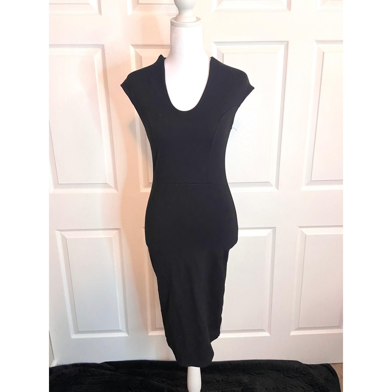 Rolla Coaster Womens Black Bodycon Midi Dress Gold Back Zipper Cap Sleeve Small