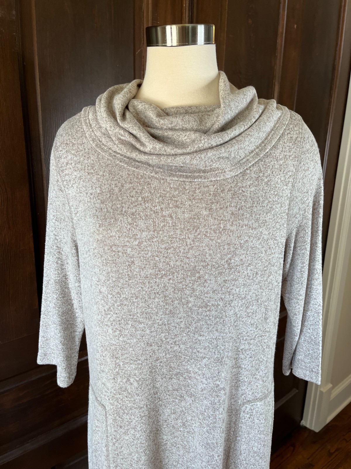 Soft Surroundings Cowl Neck Long Knit Dress NWOT Women’s Size PM Beige Heather