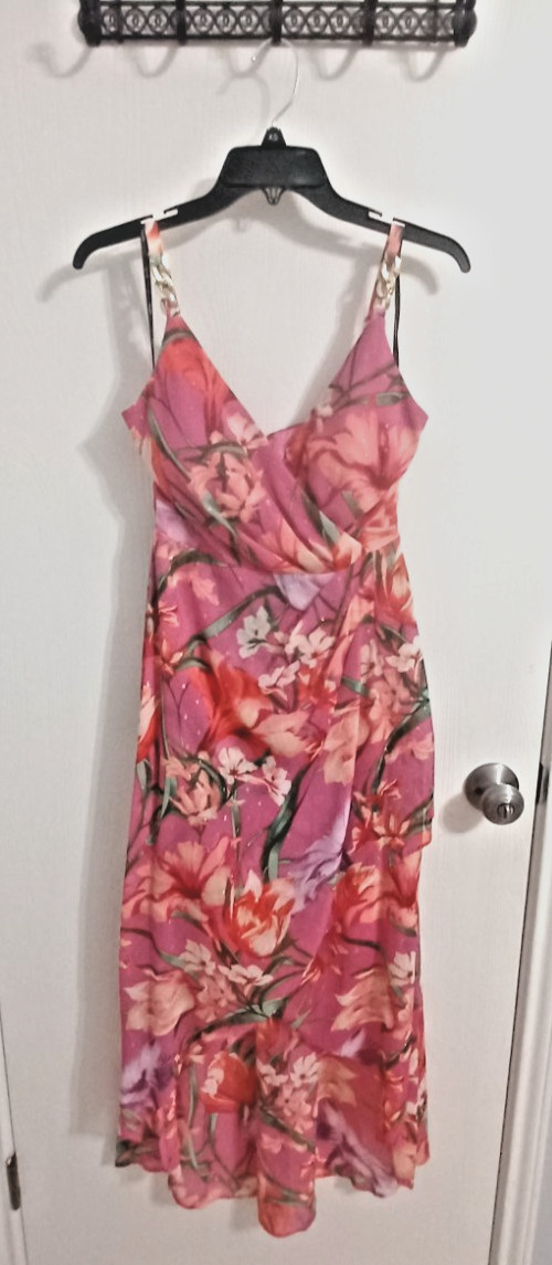Siena Pink Floral Fit Flare Midi Dress Sz 2 Chain Strap Lurex High Low Wedding