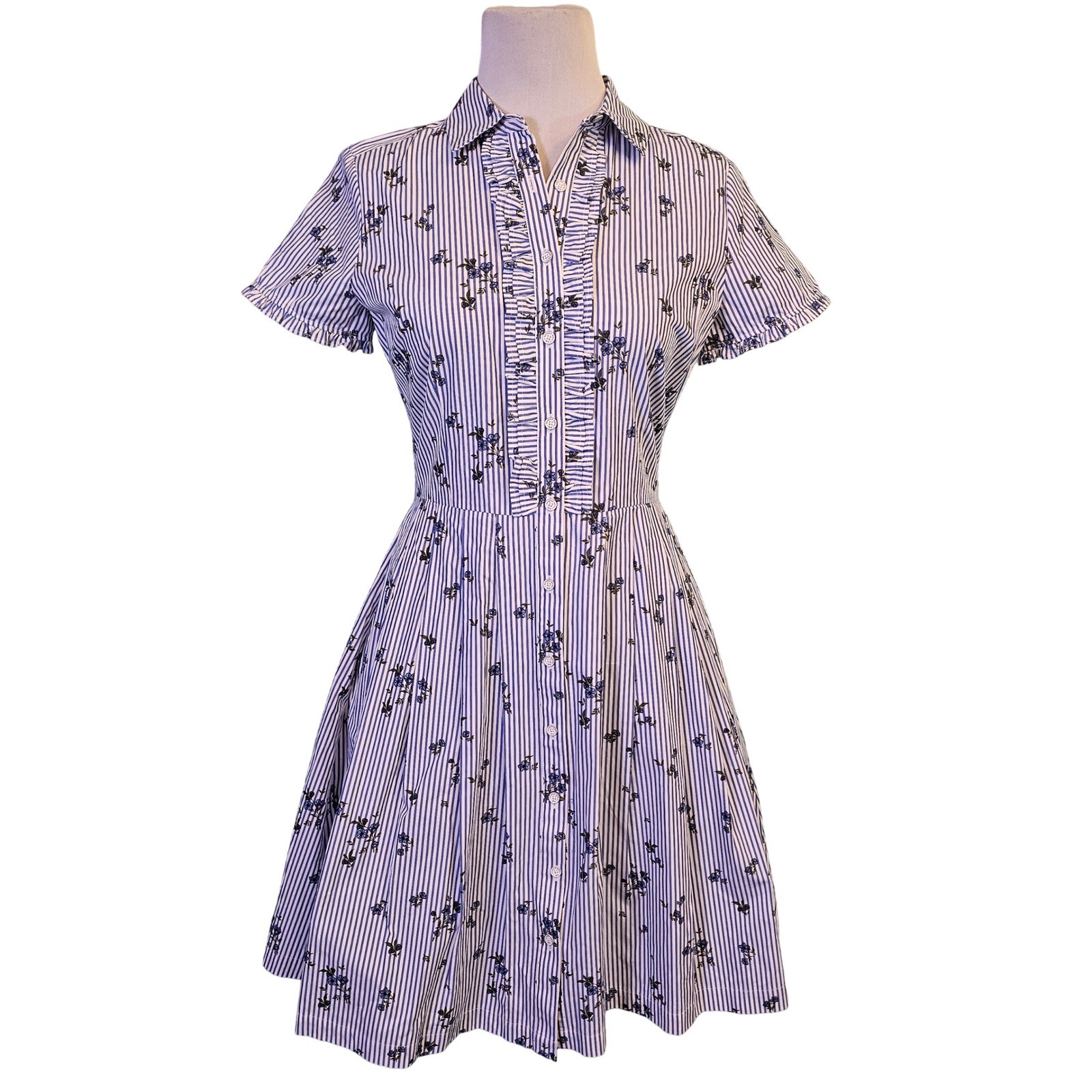 Brooks Brothers Red Fleece Blue Stripe Floral Ruffle Shirt Dress Cotton Sz 8