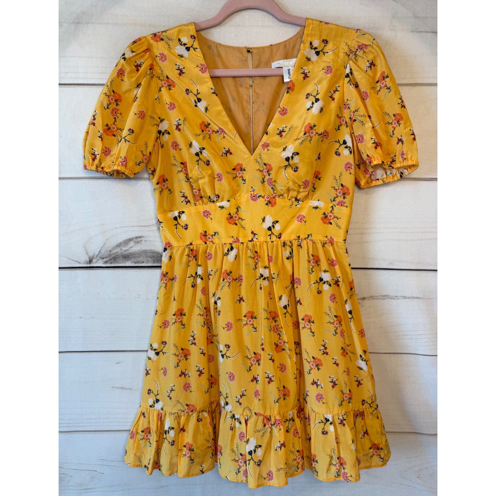 La Maison Talula Yellow Floral Puff Sleeve Mini Dress V-Neck Ruffle Hem Sample