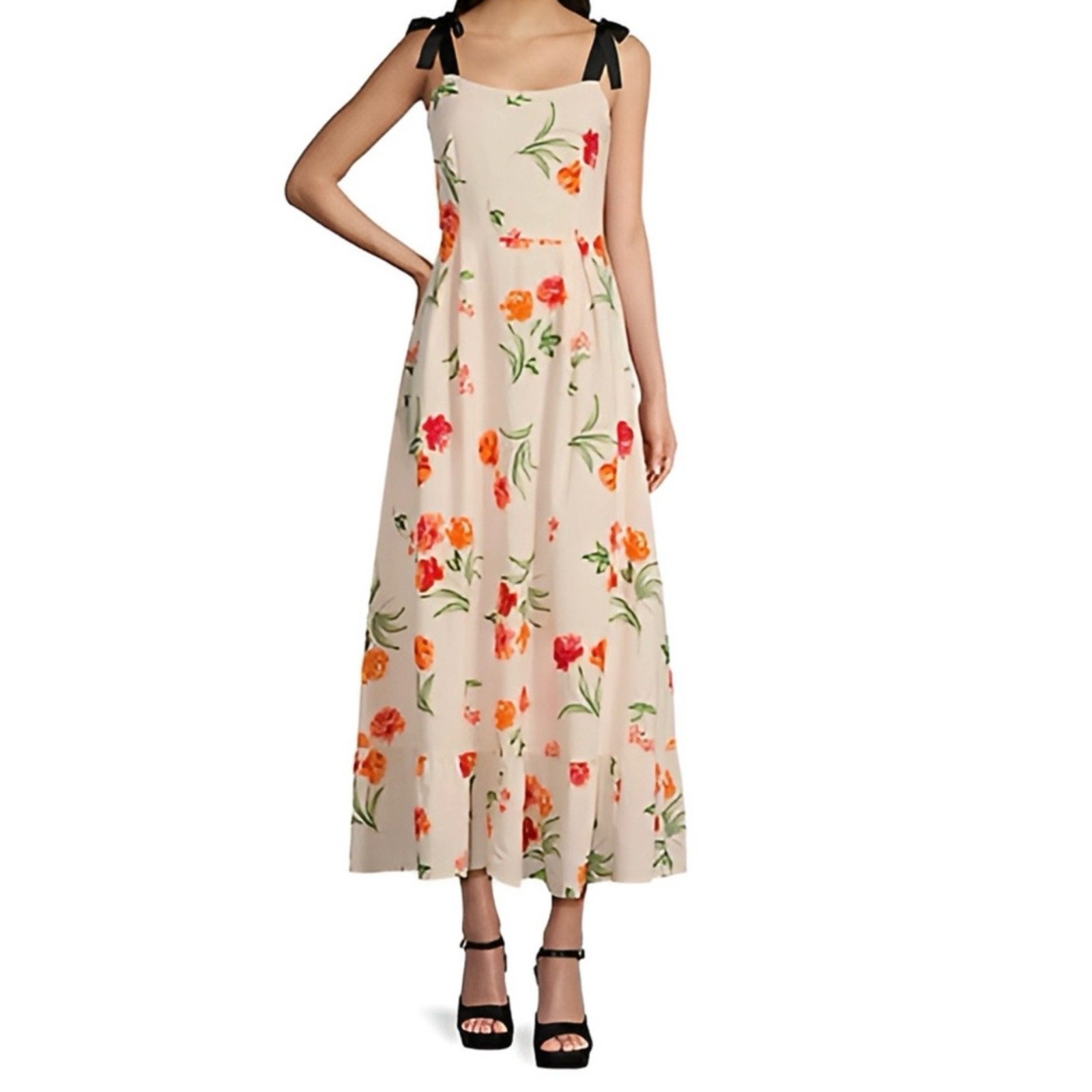 GB Floral Tie-Shoulder Maxi Dress in Peach with Orange Accents Sz S