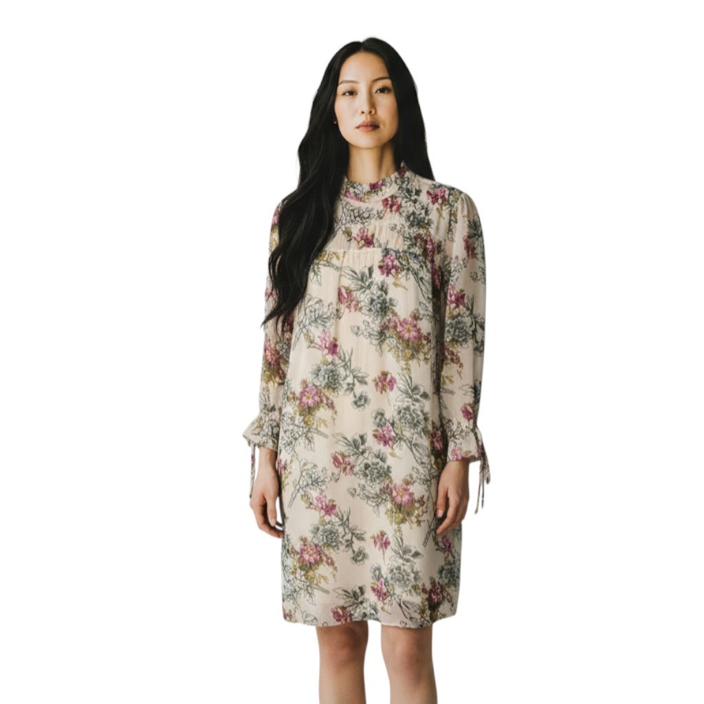 Express Beige Pink Green High Neck Floral Mandarin Collar Chiffon Dress Large