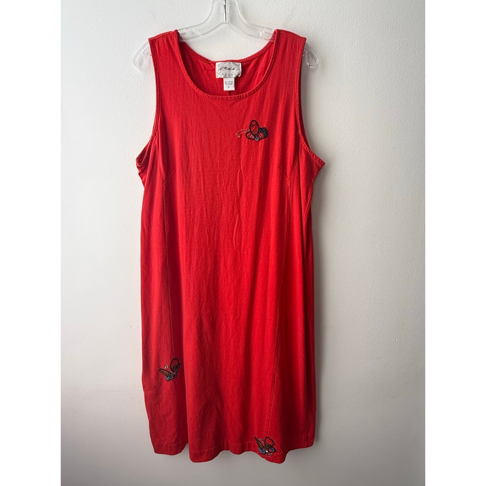Vintage 90s Red Beaded Butterfly Maxi Dress Beach Coverup Coastal Grandma Top XL