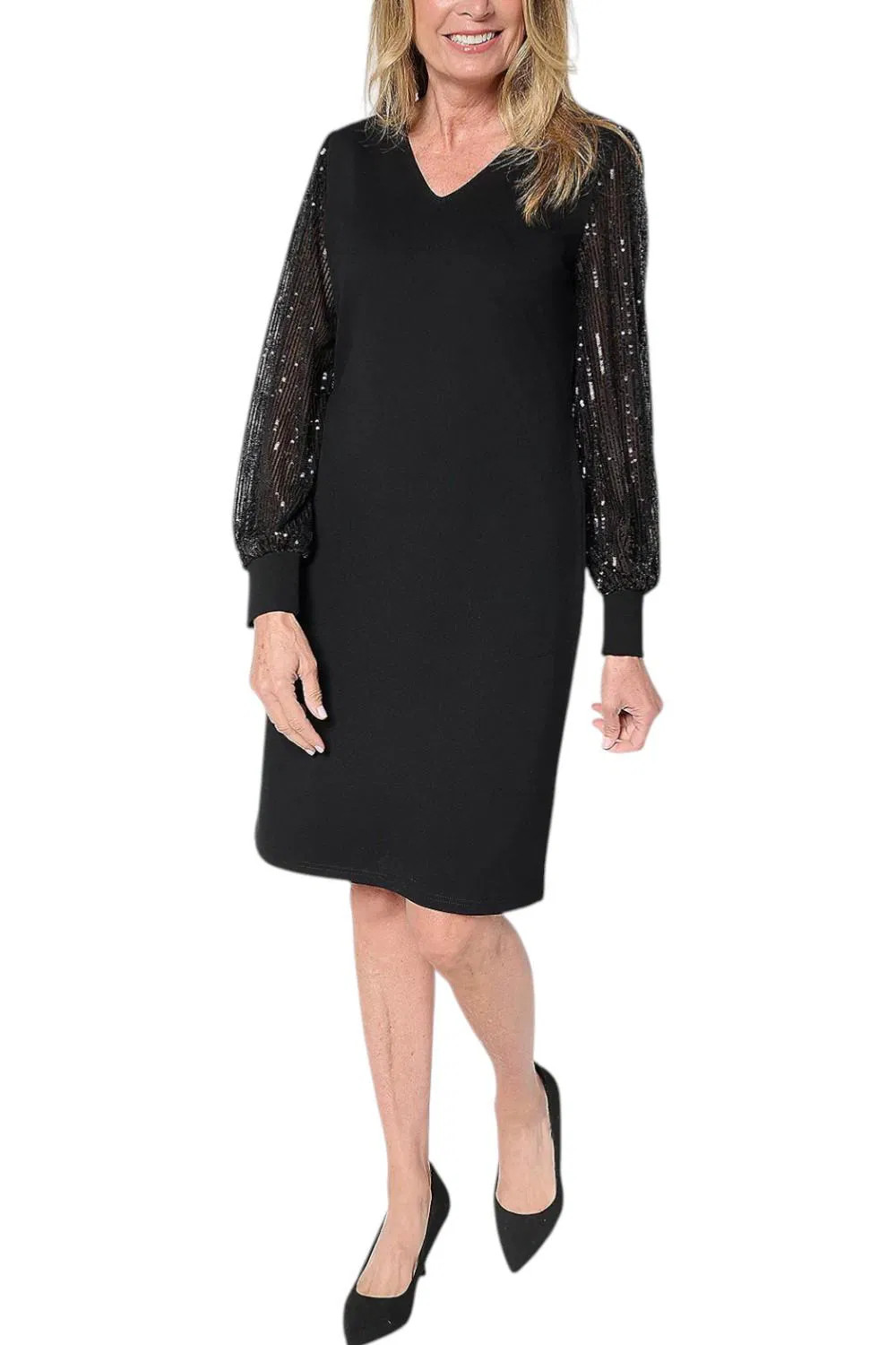 Jingle Belles by Kim Gravel Women’s Ponte Dress w/ Sequin Slv Black