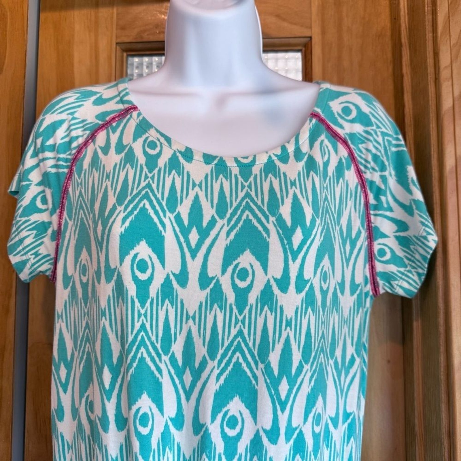 Hatley Teal White Patterned Drop Waist Dress Pink Accent Small