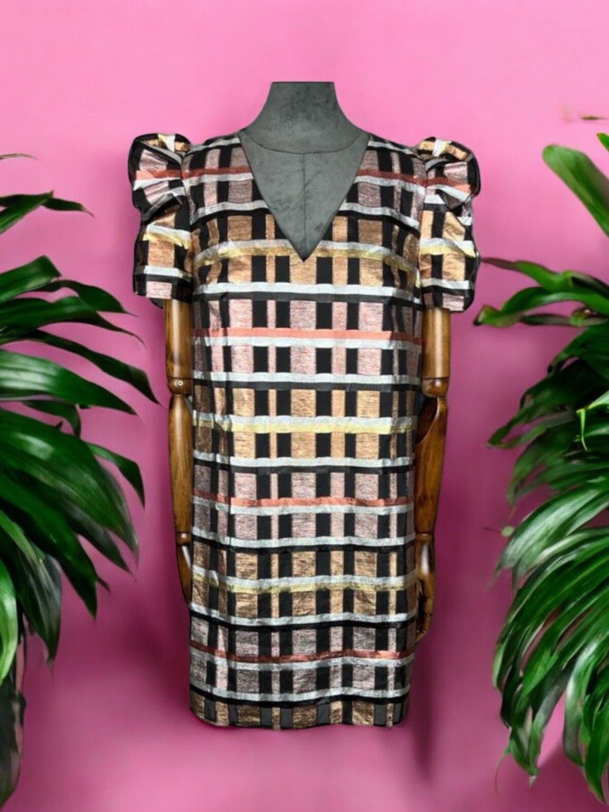 Chic Geometric Print Dress with Metallic Fibers, Lantern Sleeves, Eu38/M
