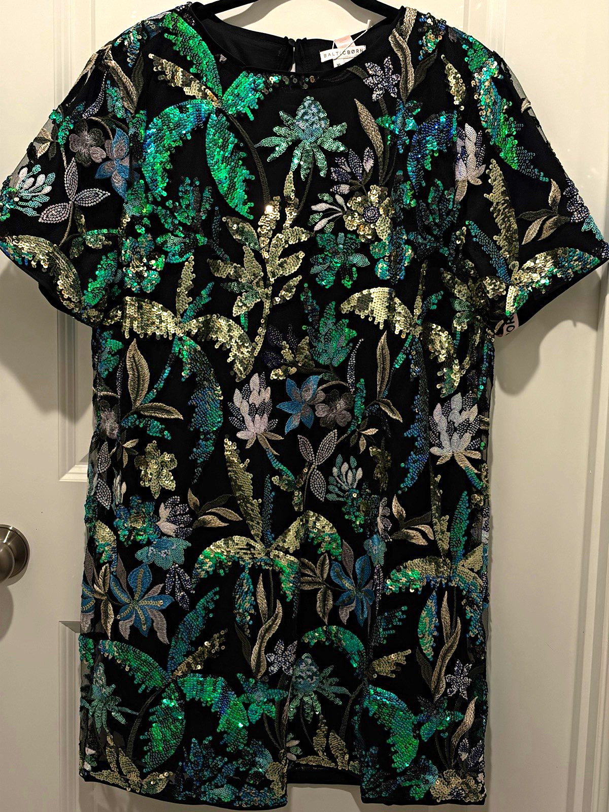 Baltic Born Squires Sequin Floral Mesh Shift Dress XL Short Sleeve Short