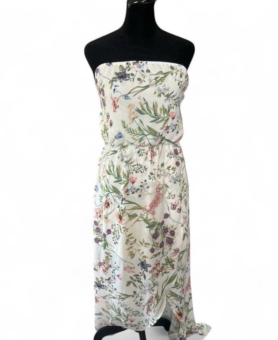 Peach Love California Floral Strapless Chiffon Lined Maxi Dress M