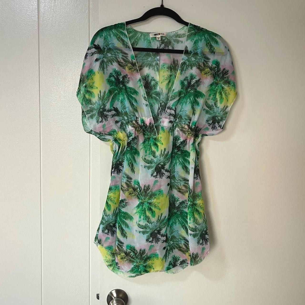 MIKEN Swim bikini coverup sheer green & pink tropical palm tree print dress 🥥