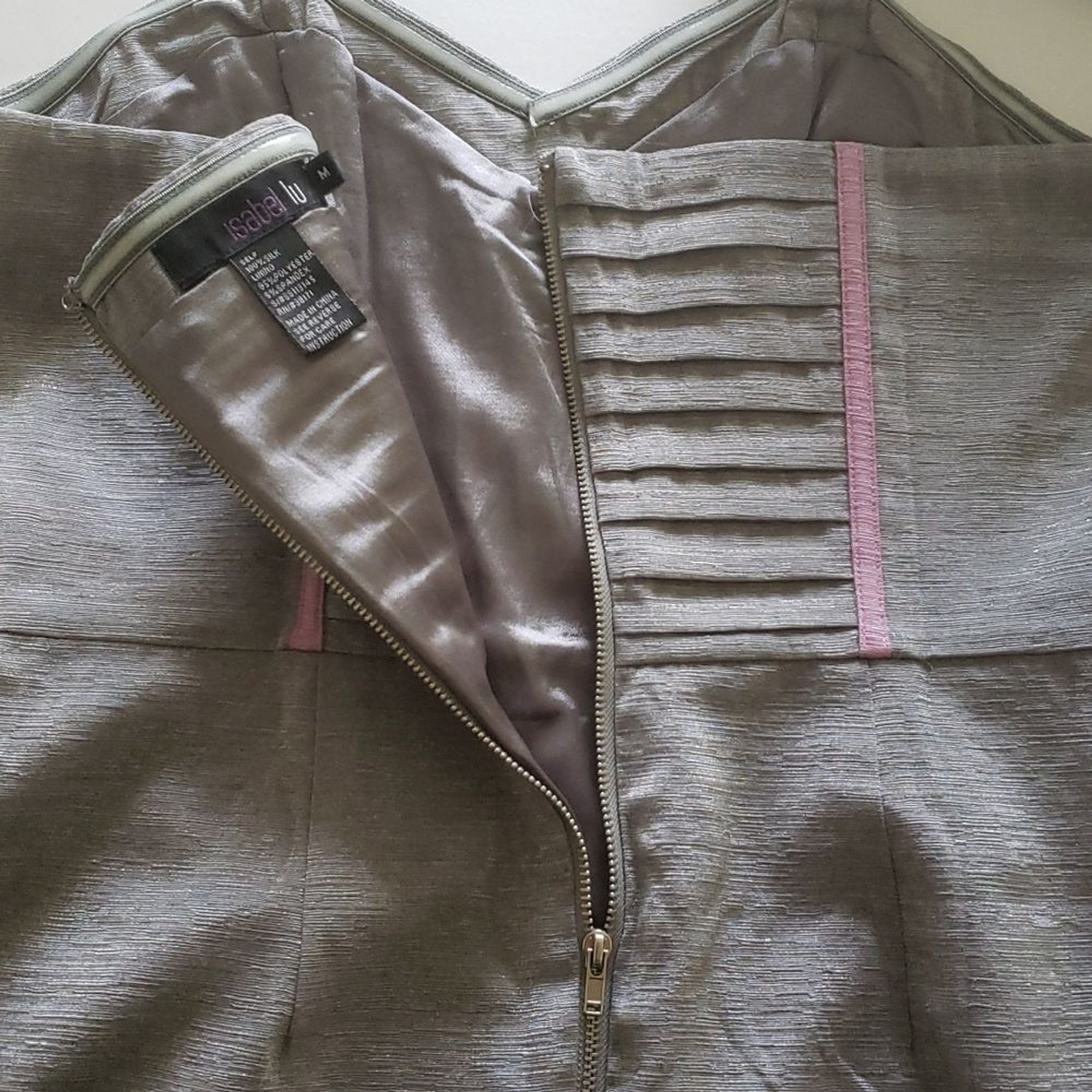 Isabel Lu Strapless Silk Cocktail Dress M Gray Silver Pink Sweetheart Neck Fairy