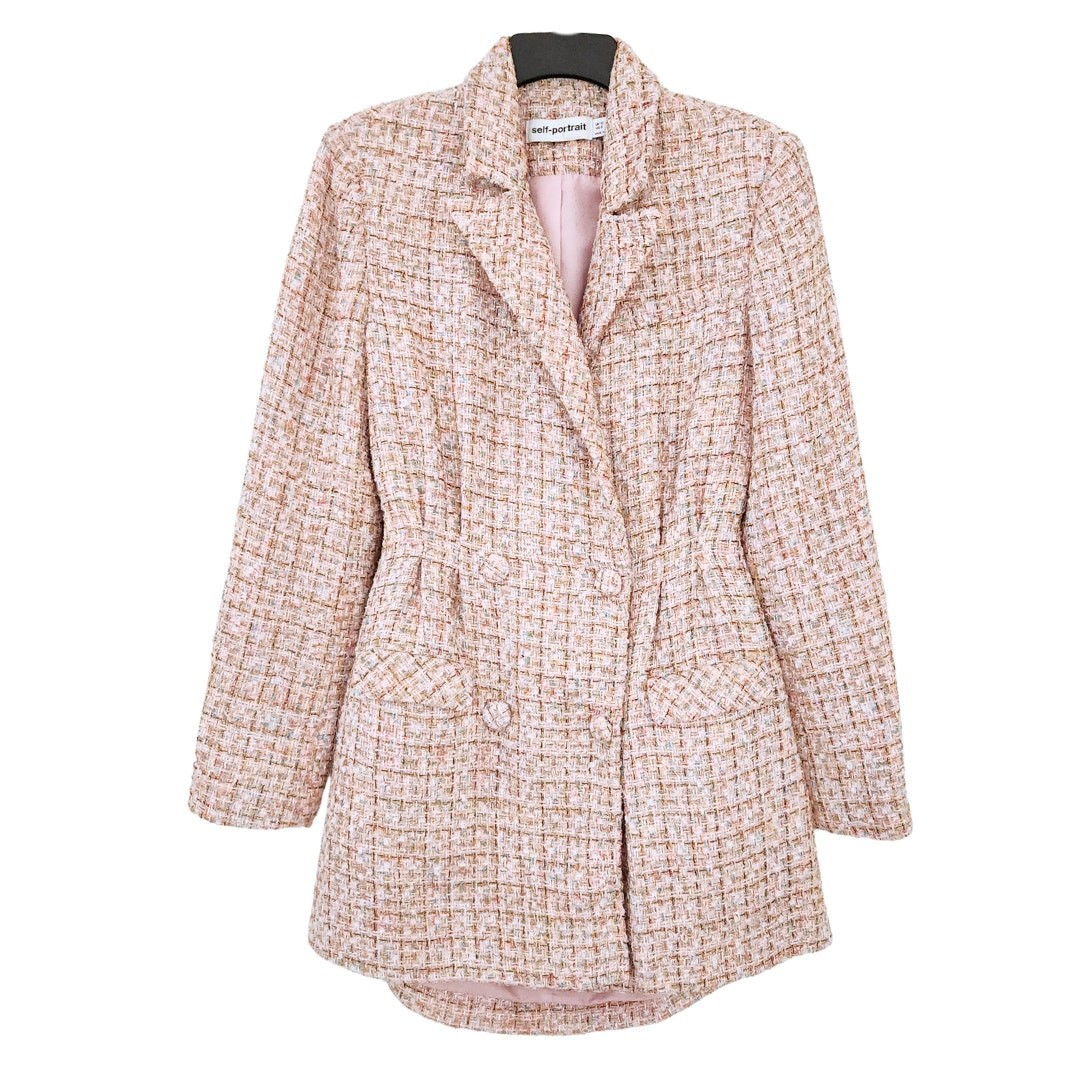 Self-Portrait Tweed Boucle Mini Dress Pink Gold Sequin Long Sleeve Suit Blazer 8