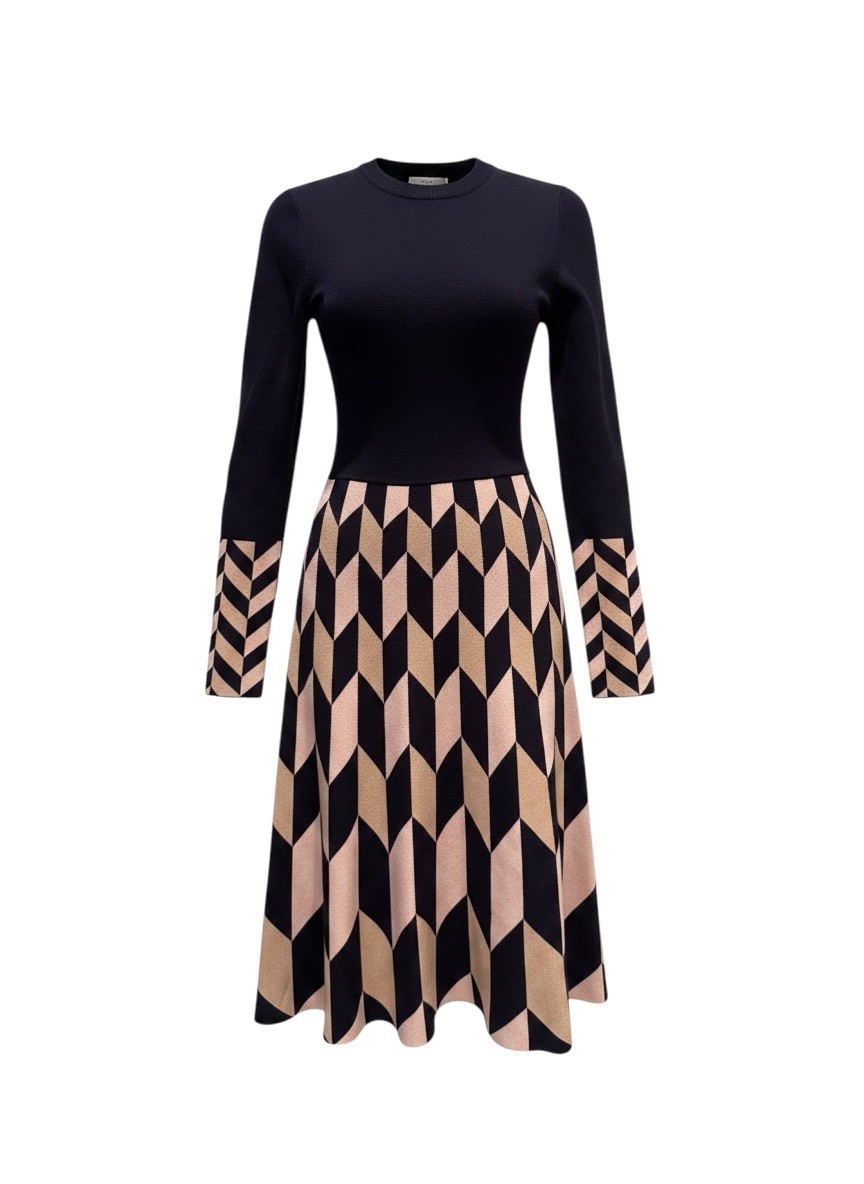 Eliza J Navy Blue and Beige Geometric Pattern Long Sleeve