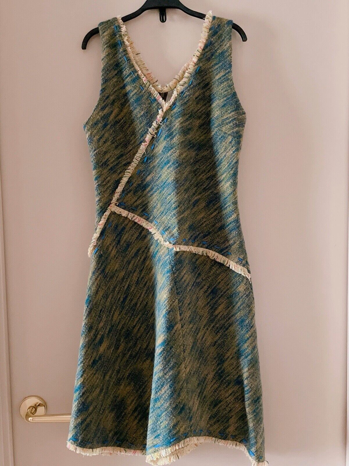 CACHAREL Unbalanced Wool Tweed Dress with Frayed Trim, Green-Blue, Size 40/Small