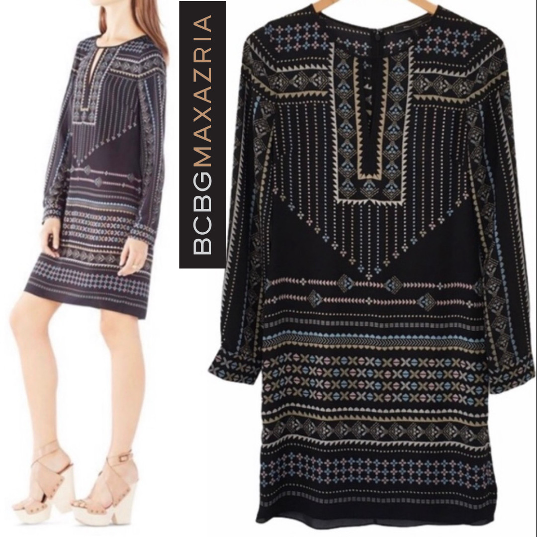 BCBG MaxAzria Freya Dress Shift Tunic Boho Geometric Career Office NWT XS