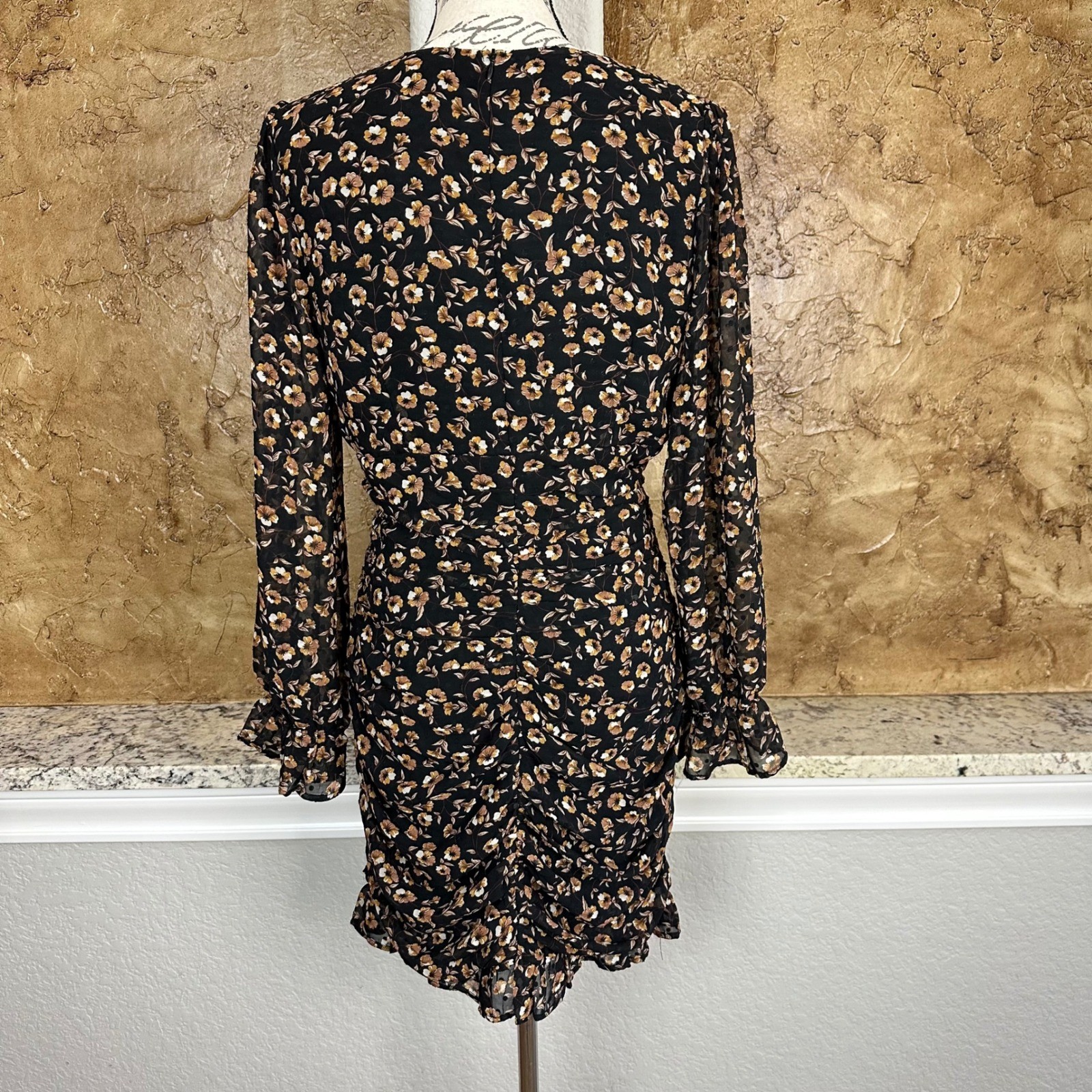 Storia Floral Print Long Sleeve Mini Dress Large Black Brown Ruched Ruffle