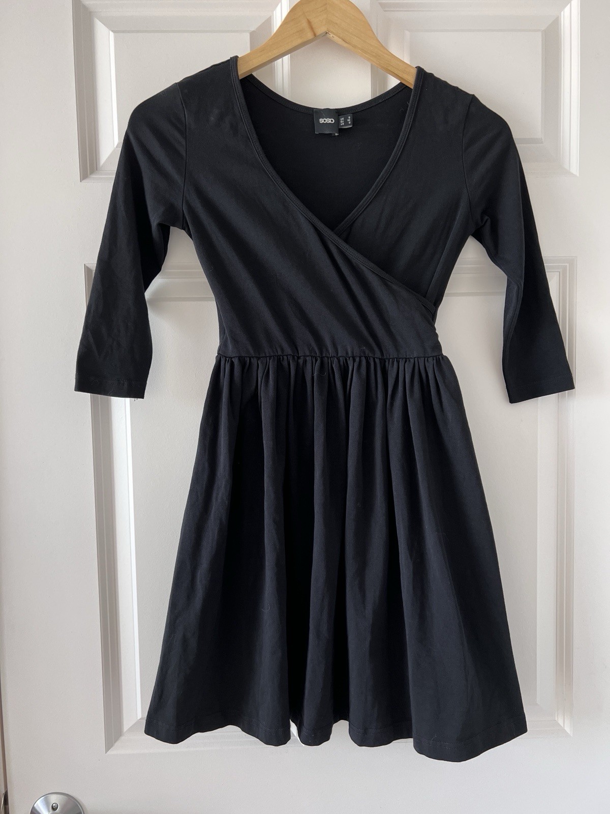 ASOS Black Wrap Style V-neck 3/4 Sleeve Short A-line Dress Size US 2 XS