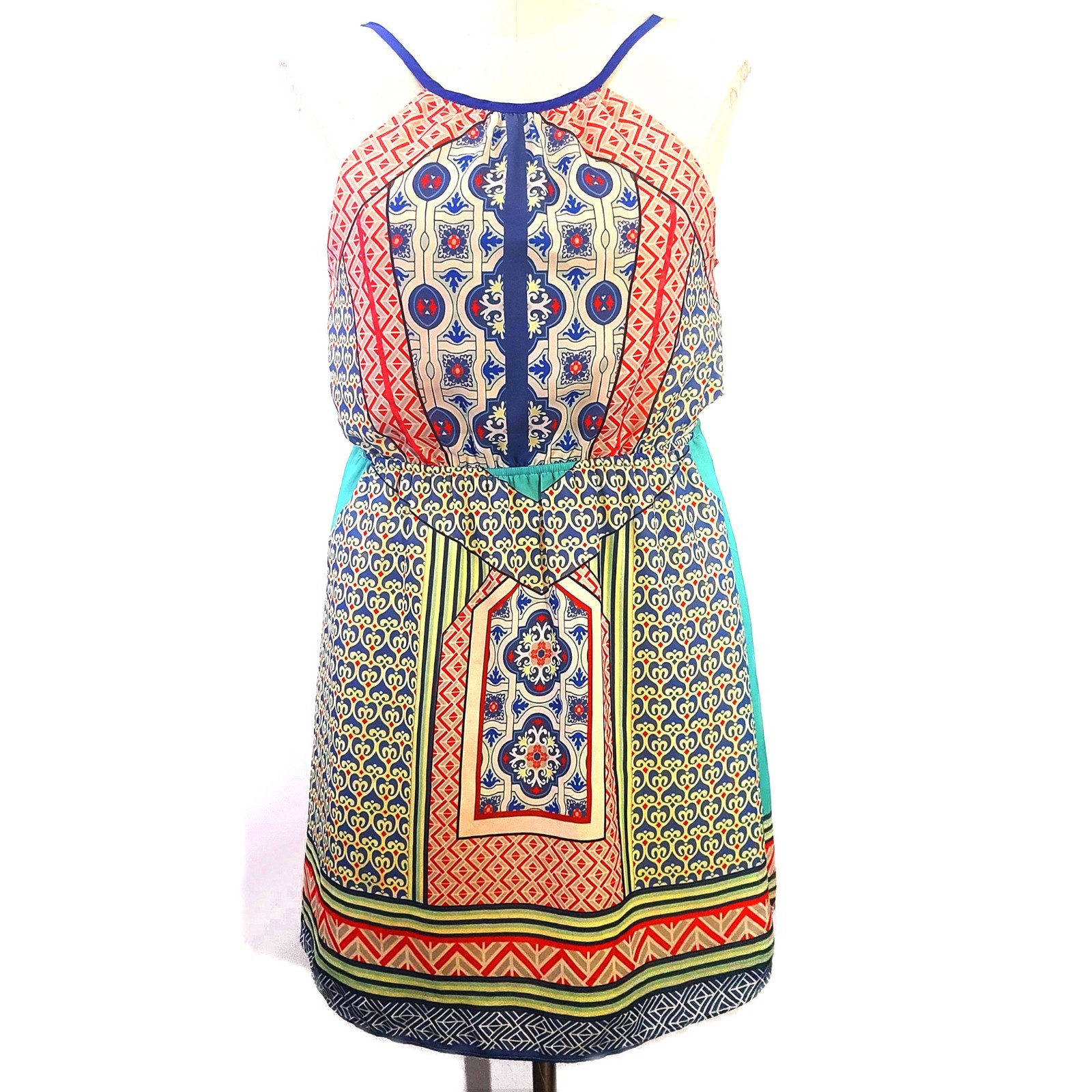 PINK MARTINI Blue Green Red Geometric Spaghetti Strap Sun Dress Sundress Sz XS