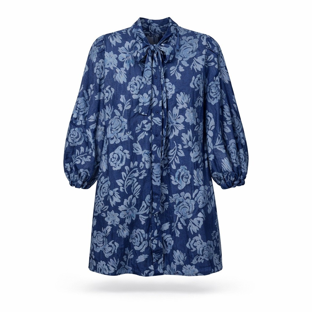 Flying Tomato Denim Mini Dress Size M Floral Print Balloon Sleeve Tie Neck