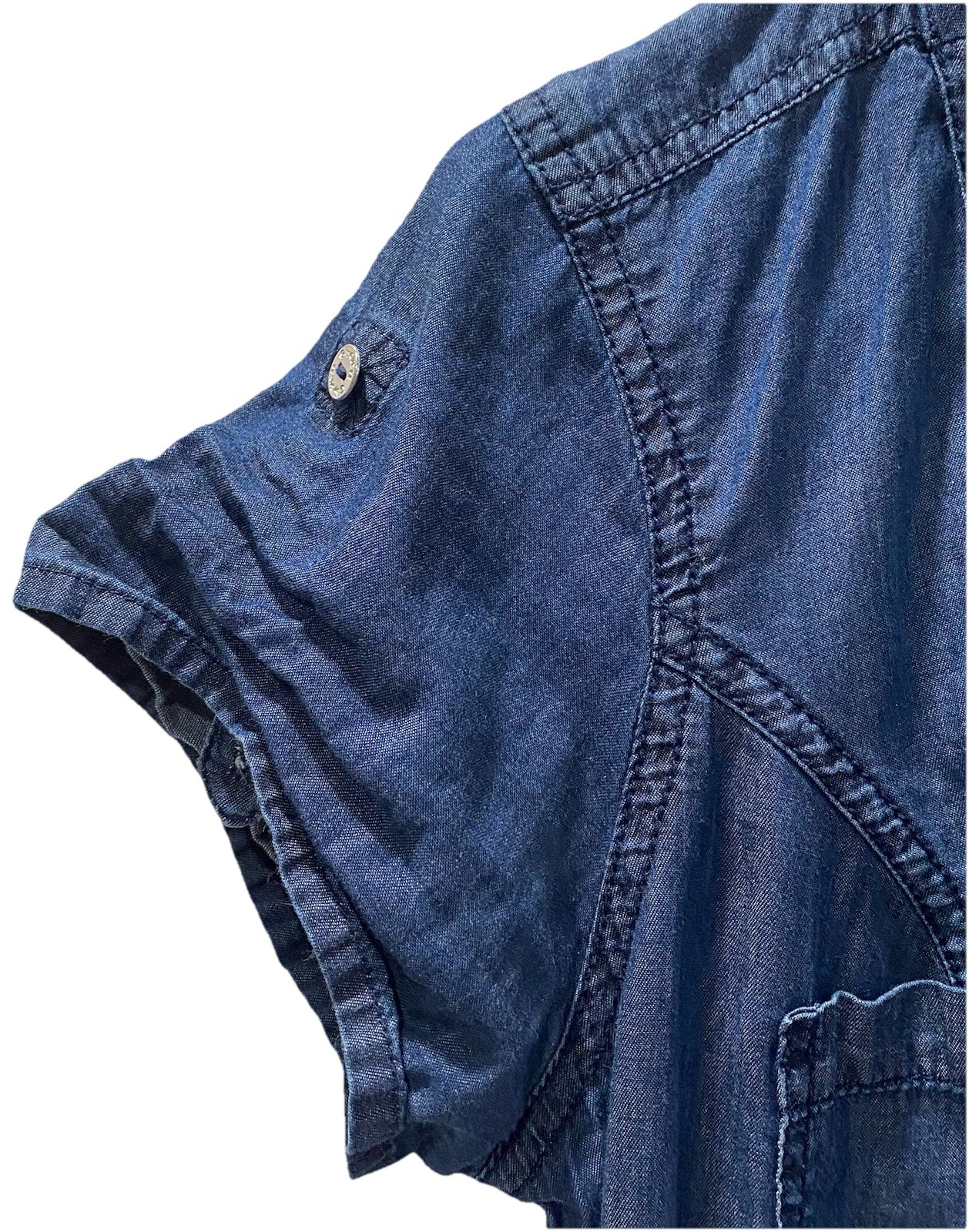 G By Guess Lightweight Chambray Denim 1/4 Zip Short Sleeve Dress Roll Sleeves