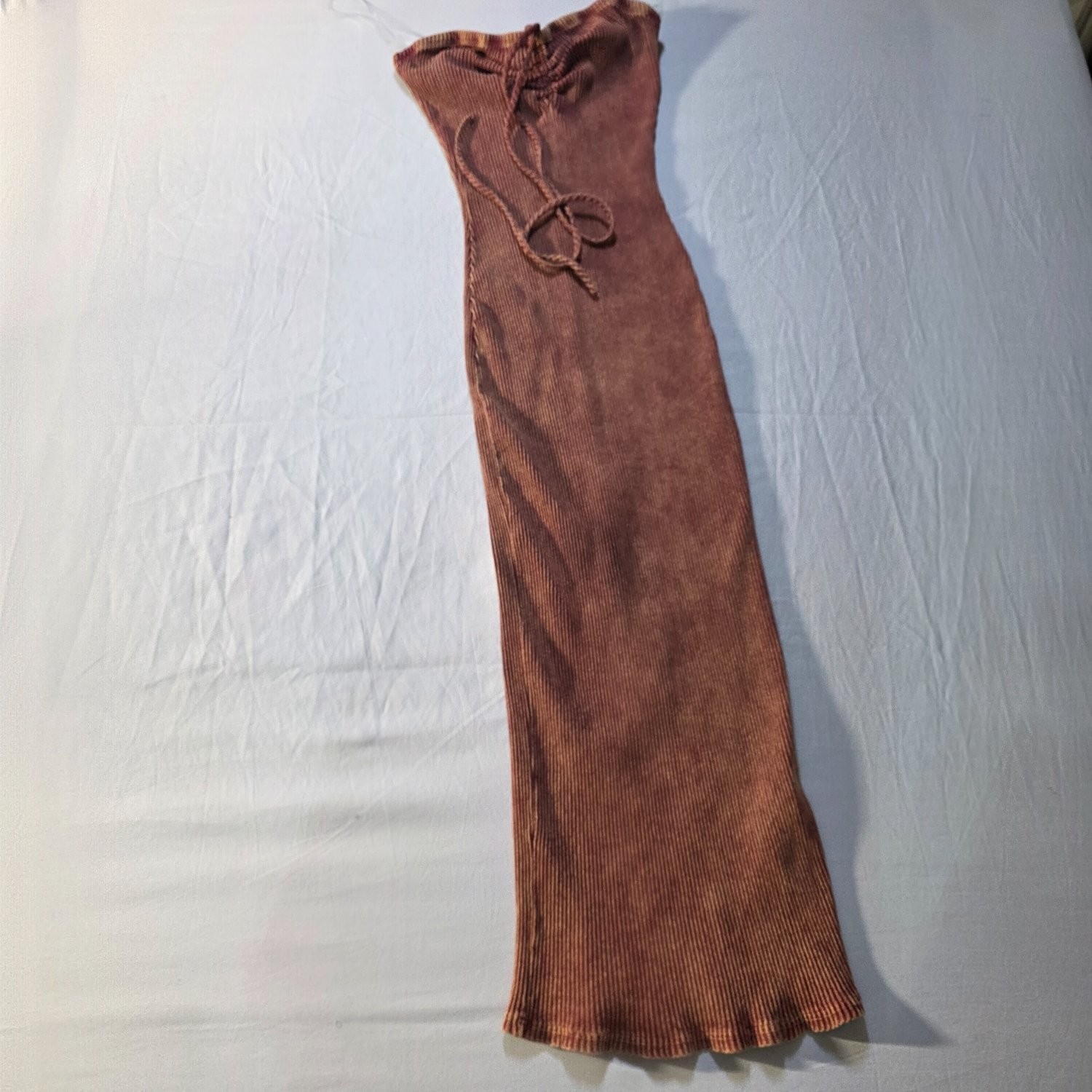 BIJOU Women Strapless Maxi Dress Large Orange Brick Ribbed Knit Ruched Slimming