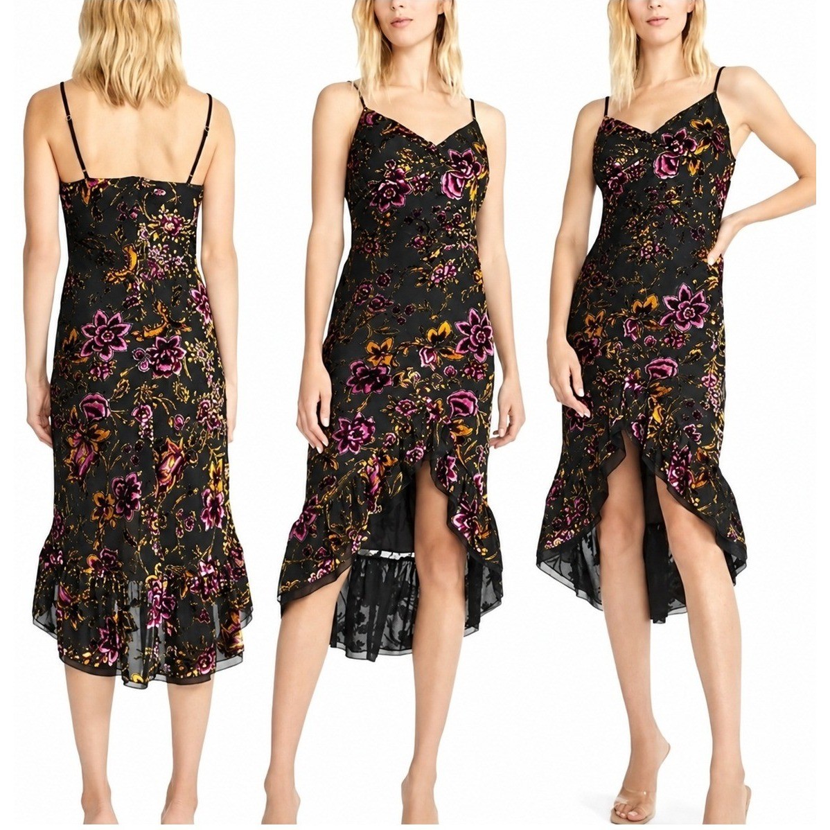90s Y2K Betsey Johnson Velvet Burnout Slip Dress Black Floral Whimsigoth Fairy S