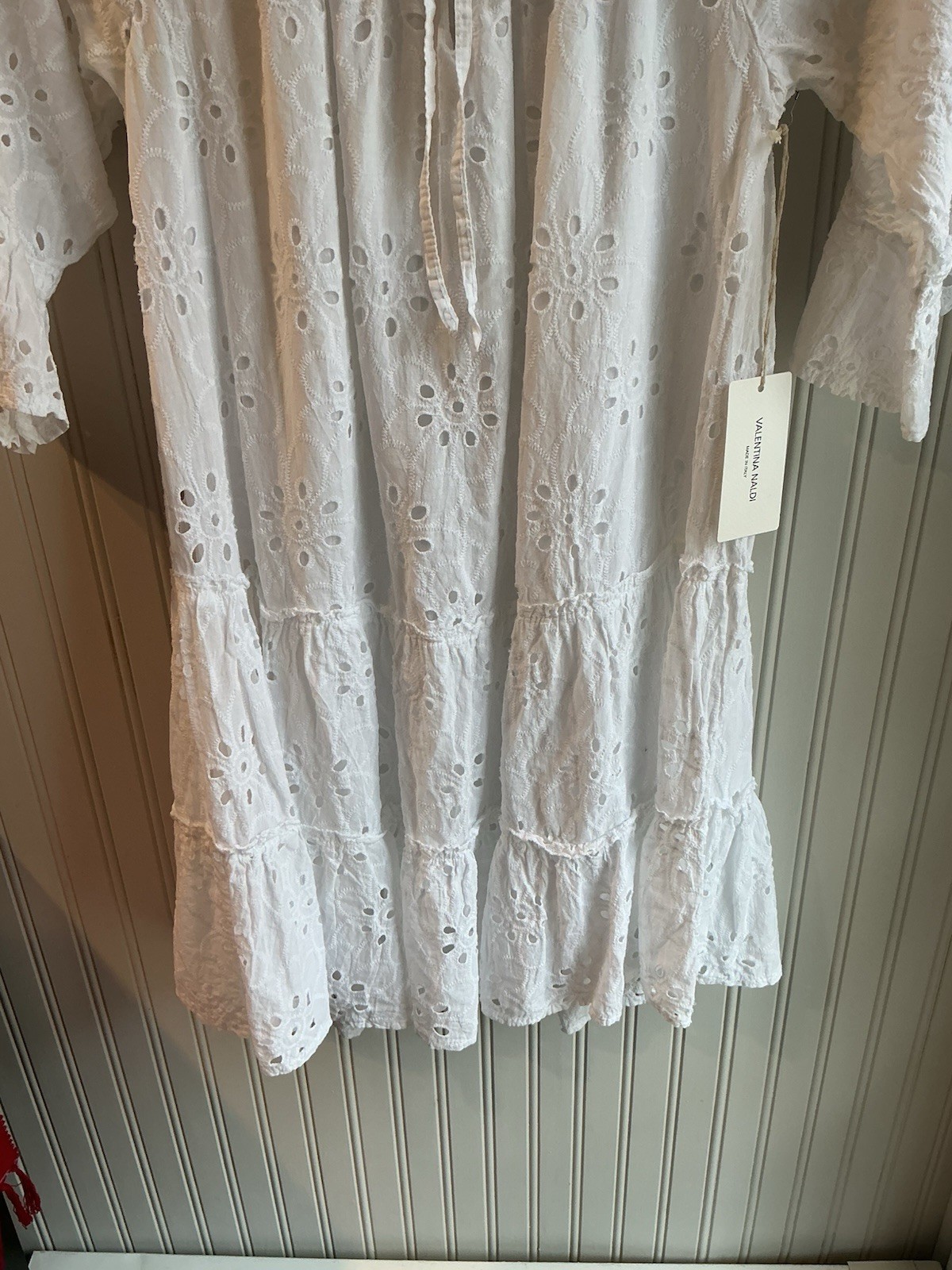 VALENTINA NALDI, EMBROIDERED EYELET, TIERED DRESS, LINED, WHITE, COTTON, NWT.